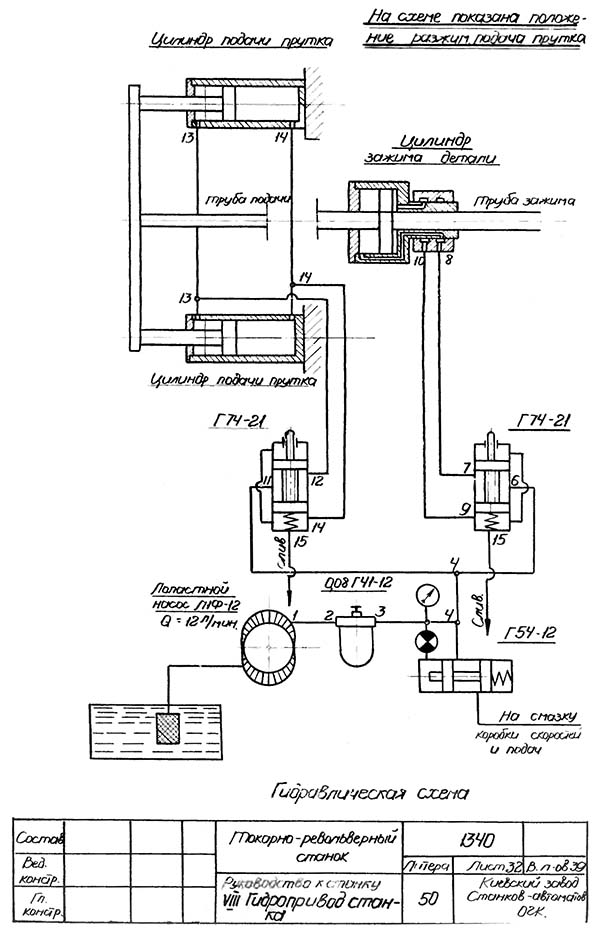 Гідравлічна схема токарно-револьверного верстата 1340